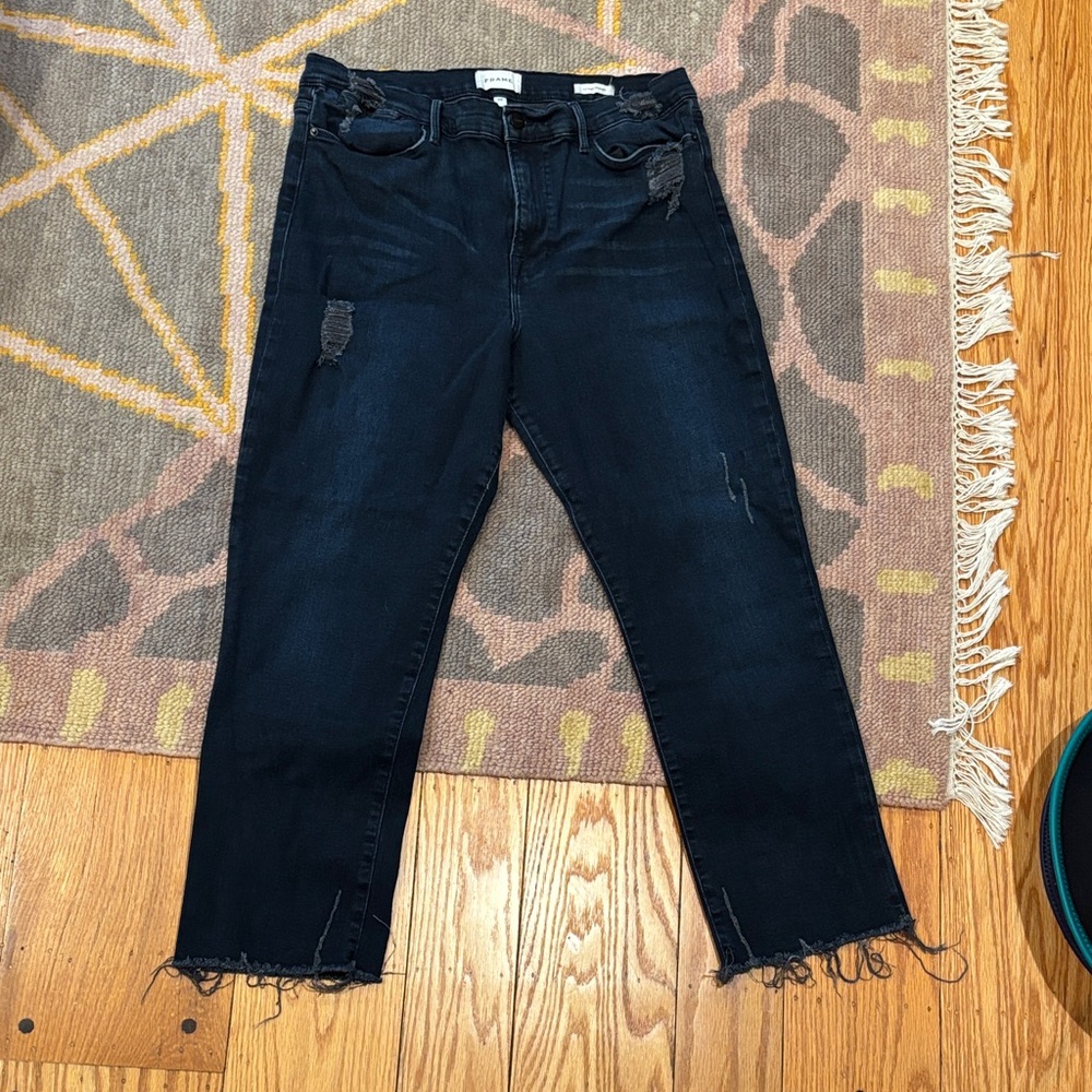 Frame Denim Dark Blue Distressed Ankle Jeans